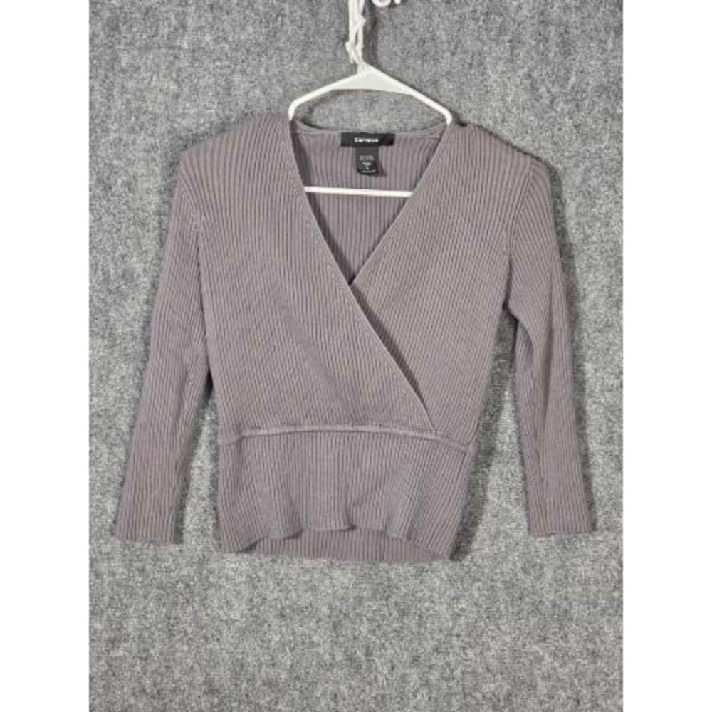 Express Women Gray Ribbed V Neck Long Sleeve Wrap Sweater Top Size S Boho Chic